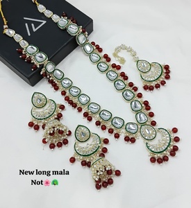 Long Kundan Necklace <b>Set</b> with Green Beads, Silver Kundan Choker, Statement Earrings, Maang Tikka & Bridal Wedding Jewellery - Product Image 2