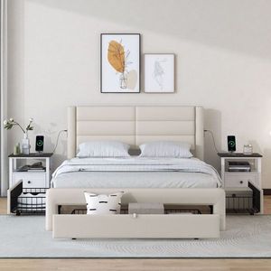 Queen Size Leather Upholstered <b>Bed</b> <b>Frame</b> with Drawer Storage and Charging Station Beige <b>Platform</b> Up-Holstered <b>Bed</b> - Product Image 2