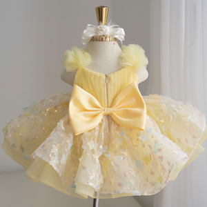 Robe de princesse florale pour filles 147, avec volants aux épaules, en tulle superposé, robe d'anniversaire rose et jaune, vente en gros, fabricant Nhung Nguyen - Product Image 5