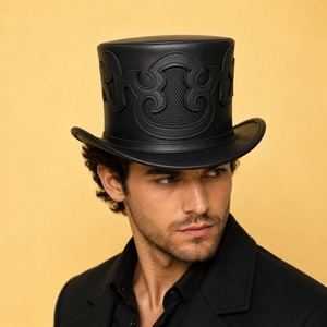 Men’s <b>Black</b> Leather <b>Top</b> <b>Hat</b> Manufacturer Stylish High Crown Leather Headwear with Premium Finish Custom Production and Wholesale - Product Image 2