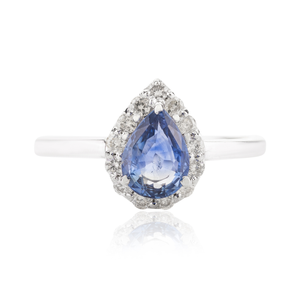 14K White Gold Pear Cut Blue Sapphire & Halo Diamond Ring - Product Image 2
