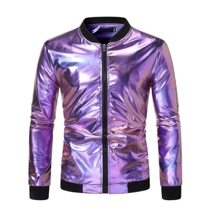 Wholesale Breathable Windproof Canvas Bomber <b>Jacket</b> Men Casual Stand Collar Zipper Shiny Rainbow Front Glitter Print Autumn - Product Image 6