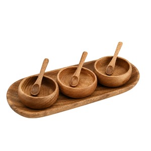 Premium Handcrafted Acacia Wood <b>Condiment</b> Serving Set Eco-Friendly 3-Bowl Wooden <b>Tray</b> with Matching Spoons for Snacks and Dips - Product Image 6