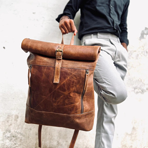 Authentic Genuine Leather <b>Roll</b> Top <b>Backpack</b> Premium Cowhide Rucksack Wholesale Price Fashion Travel Bag Men LRTB-0134B - Product Image 1