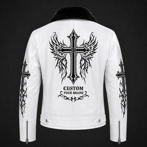 Custom White Leather Jacket Men's Gothic Cross Print Faux Fur Collar Biker Jacket <b>Winter</b> Fashion <b>Coat</b> - Product Image 2