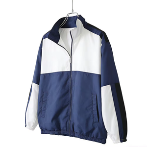 Men's Navy White Color Blocked <b>Racer</b> <b>Jacket</b> Stand Collar Zipper Closure Windproof Casual Polyester Autumn Regular Fit - Product Image 2