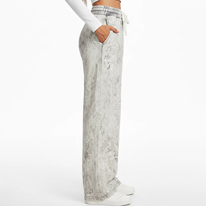 Women's Tie Dye Wide Leg Sweatpants High Waist Loose Fit Drawstring Casual Pants Full Length <b>Bleach</b> Stone Wash 100% Cotton - Product Image 3