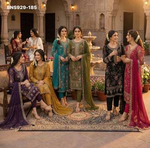 Proveedor de la colección de trajes-pantalón y dupatta de chifón indio de calidad de exportación con bordado de lentejuelas y trabajo de Khatli en el cuello, de Surat. - Product Image 6