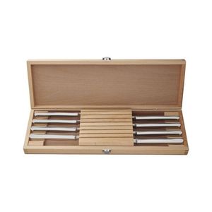 Juego de 8 Cuchillos para Carne Plateados en Caja de Madera Marrón con Ranuras Individuales y Tapa con Bisagras para Cubertería de Mesa de Comedor - Product Image 3