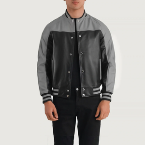Men's Black And Gray PU <b>Leather</b> Bomber <b>Jacket</b> Stand Collar Button Closure Color Blocking Casual Style Autumn Wear - Product Image 1