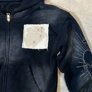 <b>Mens</b> <b>Black</b> Zip Up Hoodie Distressed Graphic Hoodie Oversized Streetwear Hooded Sweatshirt Vintage Washed Casual Jacket - Product Image 4
