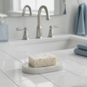 Porte-savon en marbre blanc avec un design rectangulaire arrondi et des fentes de drainage, porte-savon en pierre naturelle fait à la main pour la salle de bain - Product Image 4
