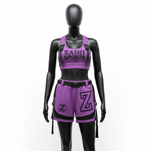 Ensemble shorty femme en coton, polyester et élasthanne GSM de qualité supérieure, avec empiècements en maille violet et noir, imprimé en relief et logo personnalisé - Product Image 1