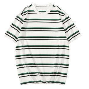 Tops décontractés rétro à col rond en coton et poly, doux et respirants, avec manches à revers, en fil fin teint, vert et blanc personnalisés - Product Image 1