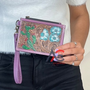 Wholesale Factory Price Hand Tooled Genuine <b>Leather</b> Card Holder <b>Wallet</b> Bohemian Style Floral Cactus Pattern Zipper Coin Pouch - Product Image 1