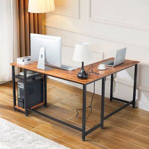 Scrivania per Computer a Forma di L in Legno di Tigre, Tavolo da Gaming Convertibile con Prese di Corrente, Ripiano e Cassetto - Product Image 2