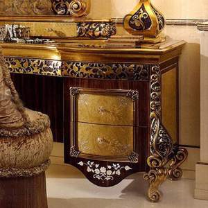 Luxury Classic Mahogany Wood Dressing <b>Table</b> 4-Drawers with <b>Mirror</b> Dark Wood Gold Inlay Vanity Set Elegant for Hotel Bedroom - Product Image 3