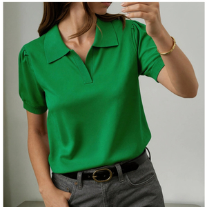 <b>Women's</b> Embroidered <b>Polo</b> <b>Shirt</b> Short Sleeve Knitted Casual Pullover Solid Color Couple Tee - Product Image 4