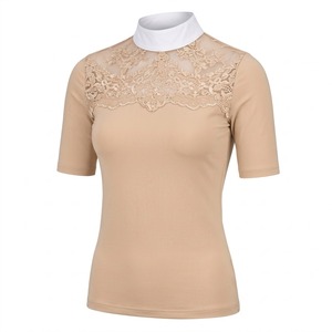 Haut court à manches courtes pour femme, couleur beige, col blanc et empiècement en dentelle dorée, faible MOQ - Product Image 2