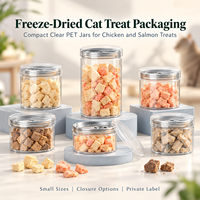 Pot d'emballage personnalisé en PET transparent pour friandises lyophilisées pour chats, avec couvercle et étiquette, pour snacks au poulet et au saumon