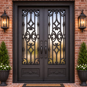 Puertas de Entrada Dobles de Hierro Forjado Personalizadas con Vidrio, Puertas de Seguridad de Lujo para Viviendas Residenciales y Villas - Product Image 3