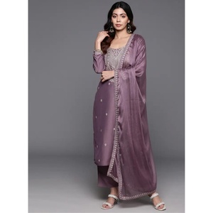 Latest Women's Chanderi <b>Silk</b> Digital Print Embroidery <b>Kurta</b>/Kurti Top Bottom Set with Dupatta in Lavender - Product Image 1