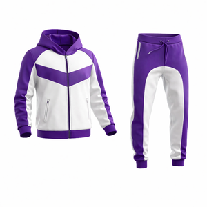 Unisex Purple & White Hooded Tracksuit Set – <b>Zip</b> <b>Up</b> <b>Jacket</b> with Jogger Pants, Slim Fit Casual Sportswear Gym Fitness Outfit - Product Image 2