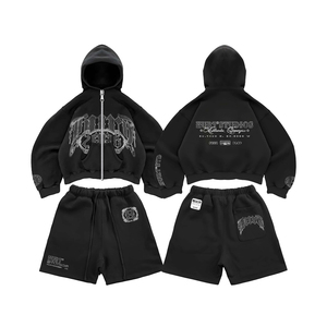 Conjunto de Sudadera con Capucha y Pantalones Cortos de Moda Urbana Personalizados Premium 2027 para Hombre, Chándal Negro Oversize, Fabricante Mayorista - Product Image 2