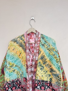 Women Vintage Patchwork Kimono Robe Long Sleeve V Neck Sleepwear <b>Dress</b> - Product Image 2
