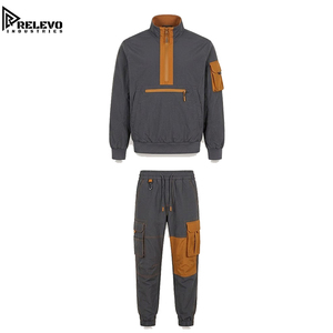 OEM Wholesale <b>Men</b> Two-Piece Wind Breaker, Dark <b>Grey</b> Brown Orange Half <b>Zip</b> Anorak Windbreaker and Utility Cargo Joggers Set - Product Image 1
