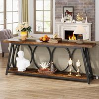 Table console à 2 niveaux en bois d'acacia massif naturel avec cadre circulaire en métal noir pour le salon, l'entrée, les meubles