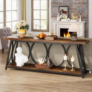 Table console à 2 niveaux en bois d'acacia massif naturel avec cadre circulaire en métal noir pour le salon, l'entrée, les meubles - Product Image 2