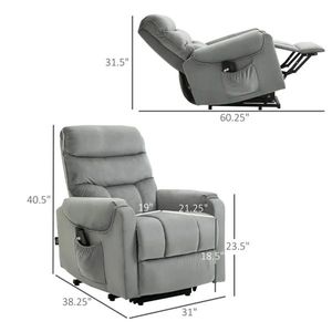 Grey Velvet Power Lift Recliner Chair with <b>Vibration</b> Massage & Remote <b>Control</b> Padded Comfort Recliners - Product Image 3
