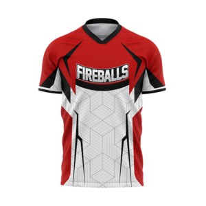 Camiseta de Fútbol Sublimada con Diseño Geométrico Rojo y Blanco, Cuello en V, Manga Corta, Absorbe la Humedad, Ajuste Atlético, para Hombre Adulto - Product Image 1