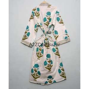 Bata Kimono Larga de Algodón 100% con Estampado Floral Hecho a Mano, Transpirable para Todas las Estaciones, Regalo Perfecto de Navidad - Product Image 5