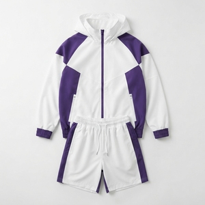 Ensemble de survêtement personnalisé pour hommes, veste légère à fermeture éclair intégrale et short, couleur unie ou color-block, vente en gros - Product Image 3