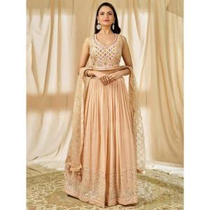 Fabulous <b>Peach</b> Thread Embroidered Georgette Reception Wear Lehenga Choli - Product Image 6