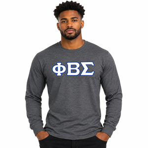 T-shirt unisexe à manches longues gris foncé Phi Beta Sigma avec motif graphique de lettres grecques blanches et bleues sur la poitrine, col rond et poignets côtelés - Product Image 1
