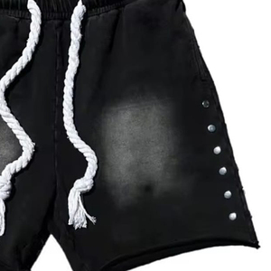 Pantalones Cortos de Felpa Francesa para Hombre, Personalizados, con Doble Cintura, Lavado Ácido, Algodón Pesado, Estilo Urbano, Bordado Desgastado, Cintura Elástica - Product Image 4