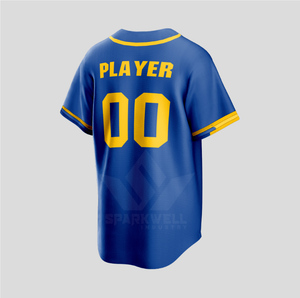 เสื้อเบสบอลเชียร์วาร์สีน้ำเงินเหลือง สำหรับผู้ชาย แขนสั้น พิมพ์ชื่อทีมและหมายเลขแบบกำหนดเอง ด้วยเทคนิคการพิมพ์แบบรีดร้อน ป้องกันแบคทีเรียด้านหน้า - Product Image 2