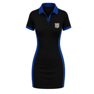 Vestido Polo Negro y Azul Rey para Mujer, Manga Corta, Cuello en Contraste, Uniforme Deportivo con Paneles Laterales y Escudo en el Pecho - Product Image 1