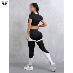 Conjunto de camiseta y leggings de algodón transpirable, tejido de punto de alta elasticidad, conjunto deportivo de color sólido para todas las estaciones. - Product Image 2