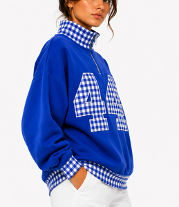 Custom University Mock Neck Sweatshirt Gingham Patch Chenille Applique Oversized Cotton Fleece School <b>Spirit</b> Gameday Clothing - Product Image 3