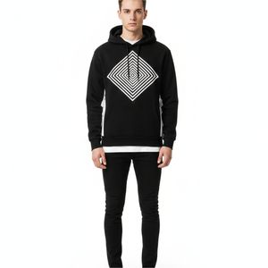 Sudadera con Capucha Negra Oversize con Estampado Geométrico Cuadrado Personalizado, Transpirable, de Gran Peso, Tallas Grandes, Diseño OEM para Invierno - Product Image 1