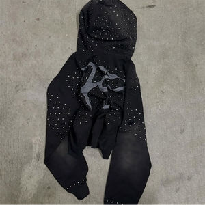 Sweat à capuche d'hiver personnalisé en coton épais 100% avec effet délavé à l'acide, épaules tombantes, imprimé soleil délavé et strass en cristal - Product Image 2