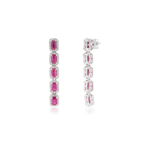 Stunning Luxurious 14K Pure White <b>Gold</b> Real Gemstone Ruby & Diamond Halo Long <b>Dangle</b> <b>Earring</b> For Women Statement Wedding Jewelry - Product Image 5