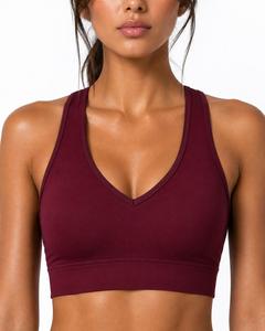 Women Racerback Sports Bra Solid <b>Maroon</b> V-Neck Medium Support Seamless Yoga Fitness Wear Spandex Polyester Breathable Quick Dry - Product Image 2