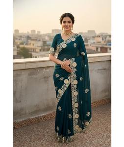 Sari indio de moda premium con bordado Vichitra y bordado de hilo múltiple, con borde de corte arco y detalles Pallu. - Product Image 1