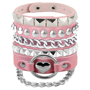 Premium Fashionable Pink <b>Leather</b> Studded <b>Bracelet</b> Heart & Chain Design Girls and Women Fashion Jewelry Multi-Layer Studded - Product Image 1