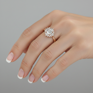 Anillo de compromiso Stonewels chapado en oro rosa con halo de diamantes baguette y estilo vintage, engaste de garra, certificado, unisex - Product Image 5